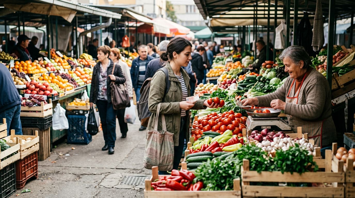 Belgrad’da semt pazarında alışveriş yapan öğrenci
