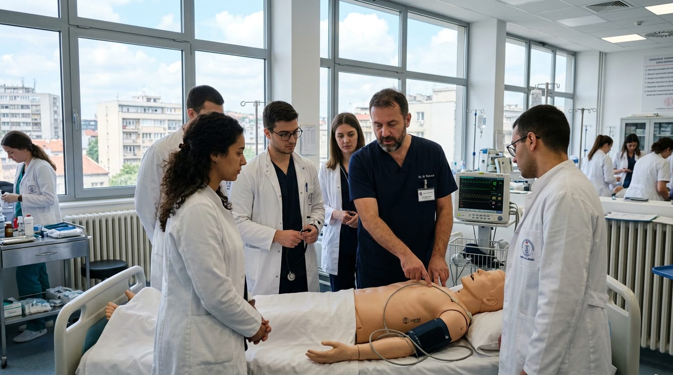 Sırbistan'da bir tıp fakültesinin beceri laboratuvarında eğitim alan uluslararası tıp öğrencileri