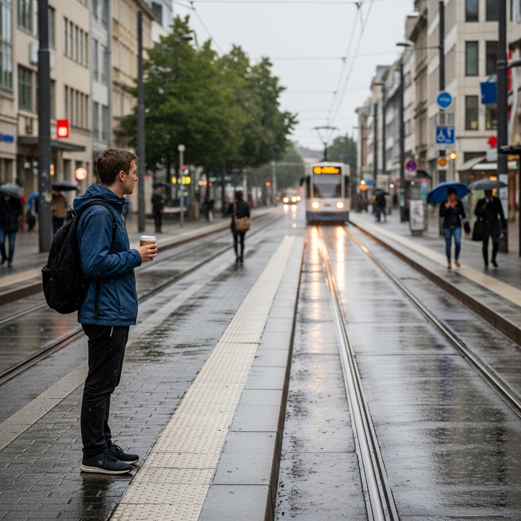 Almanya'da yağmurlu bir günde tramvay bekleyen, elinde kahvesi olan bir öğrencinin sokağın içinden çekilmiş amatör karesi